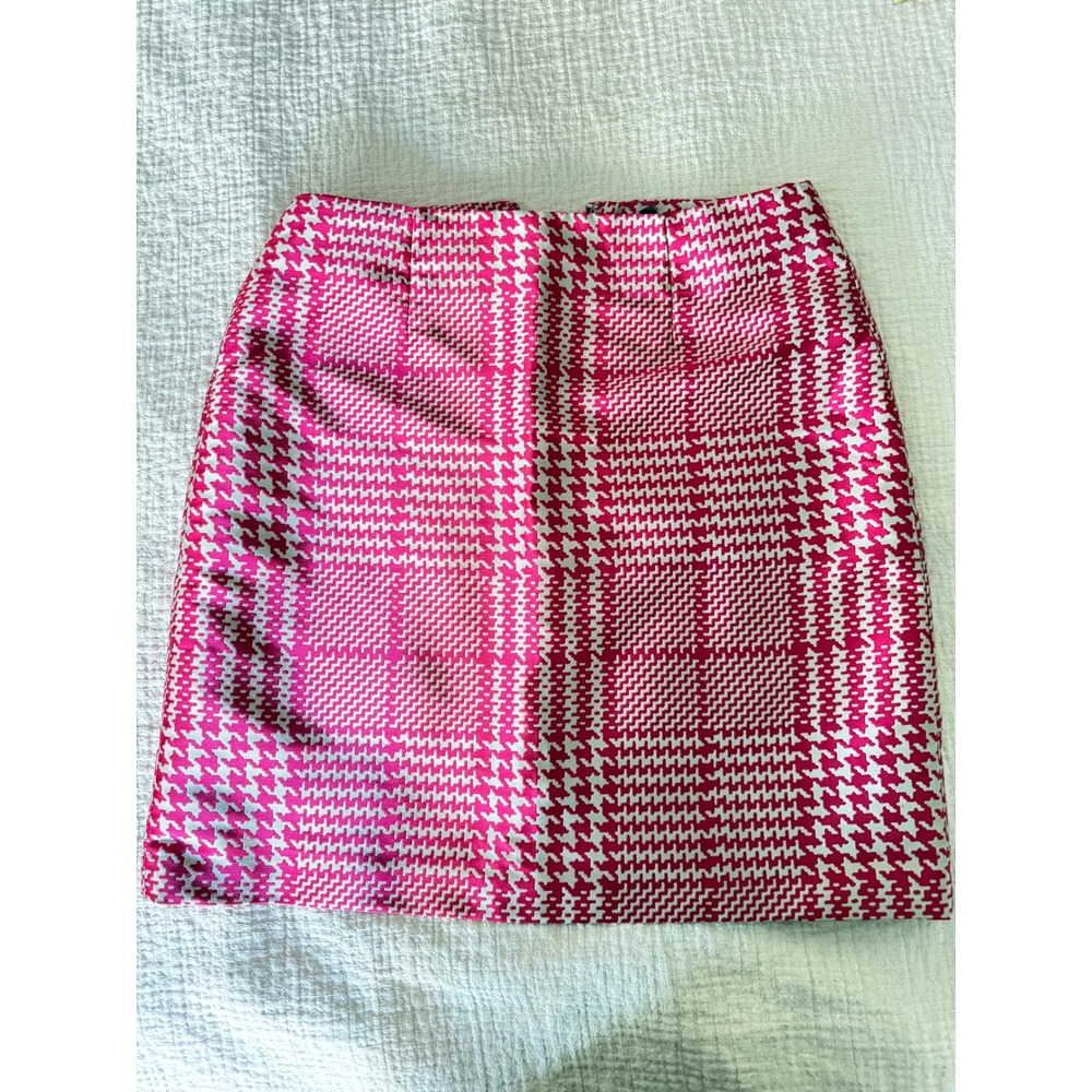 WHBM Pink Cream Houndstooth Plaid‎ Mini Pencil Boot Skirt 8 - Picture 2 of 8